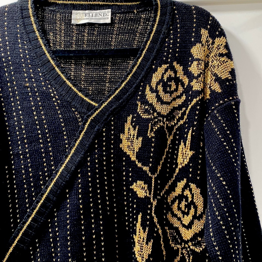 Black and gold v neck rose sweater, made in the USA!